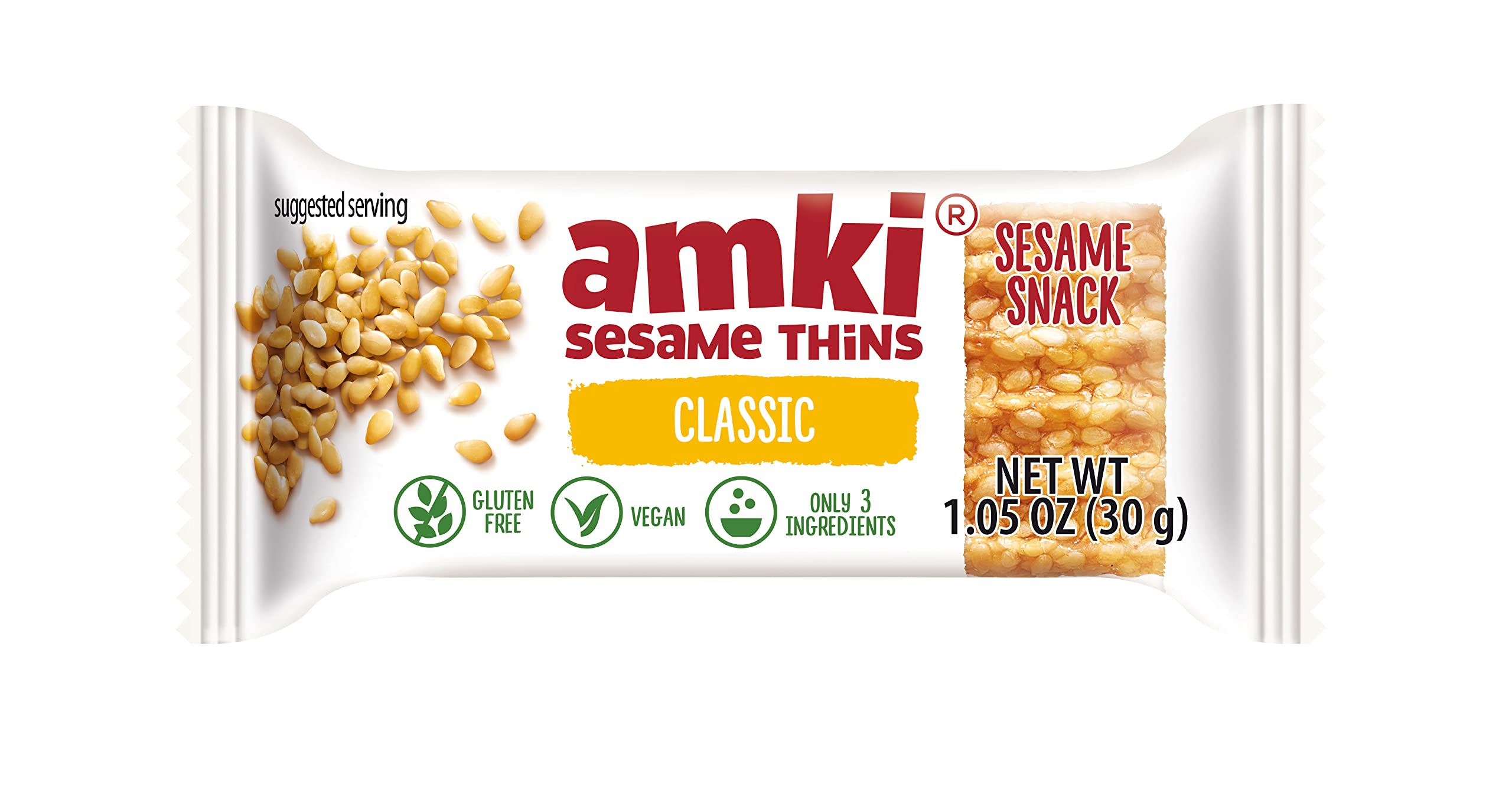 Amki Sesame Snaps original flavor bite for savory-sweet enjoyment.
