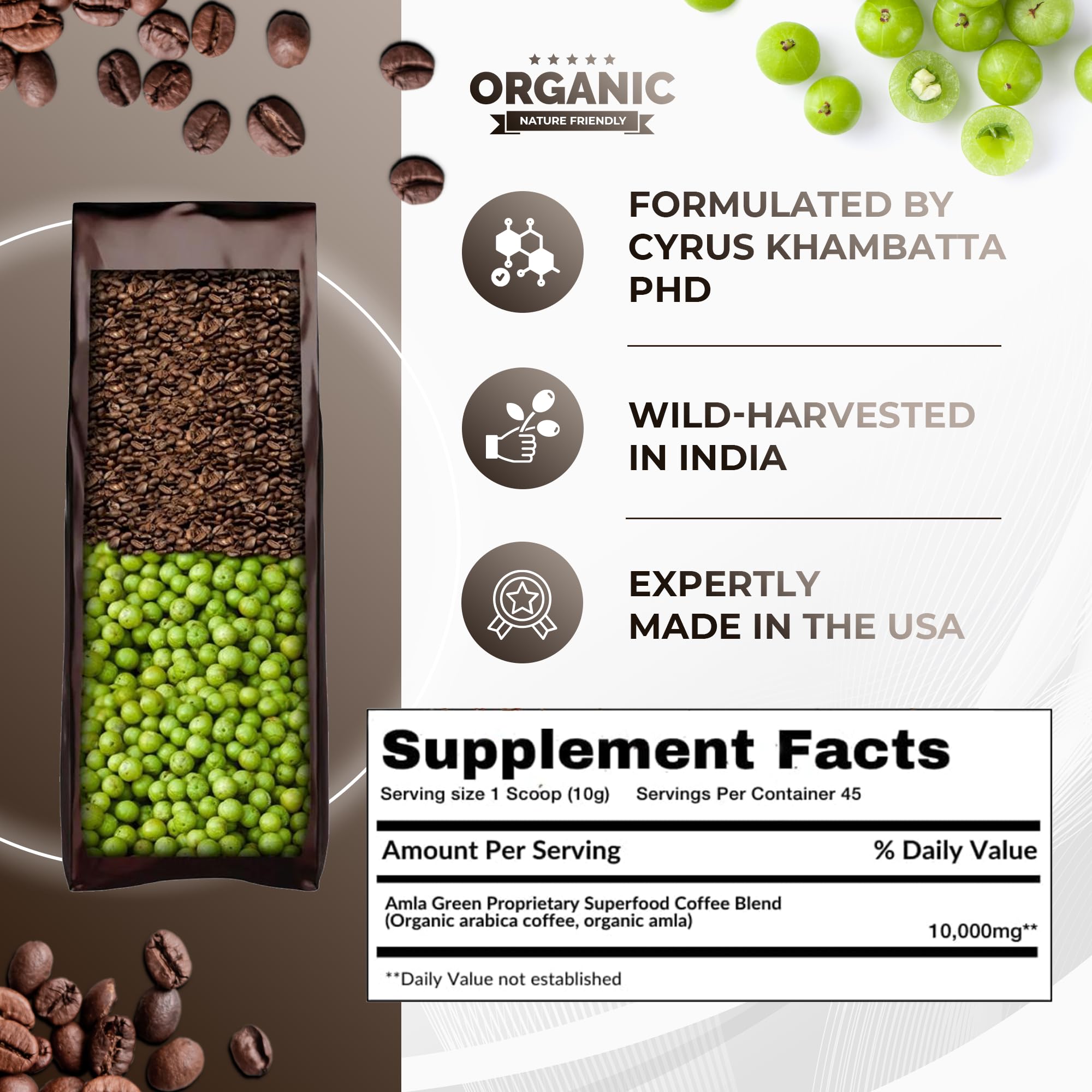 Amla Green Arabica coffee beans highlight 100 percent Arabica quality