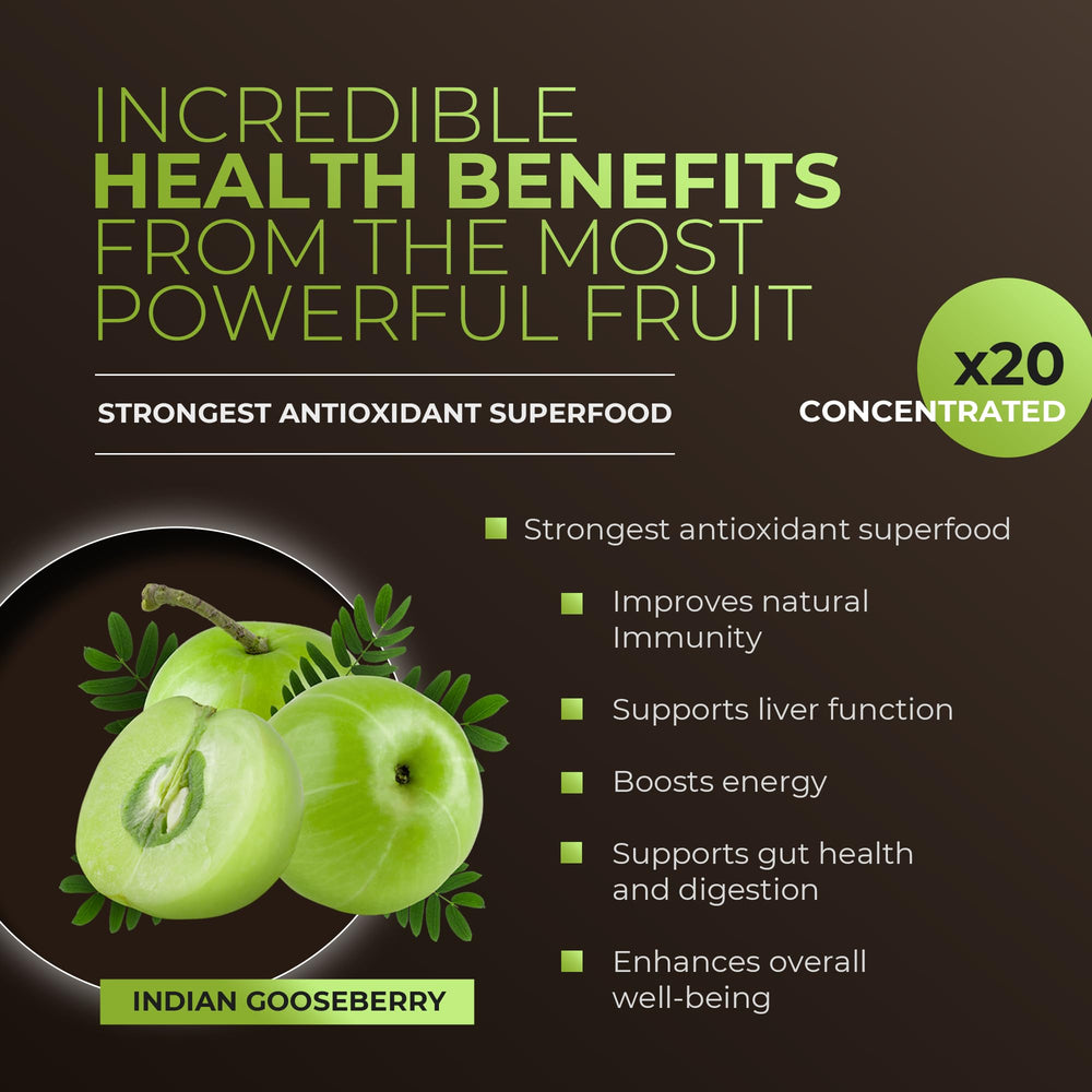 Amla Green coffee bag label stresses wild harvested amla and testing standards