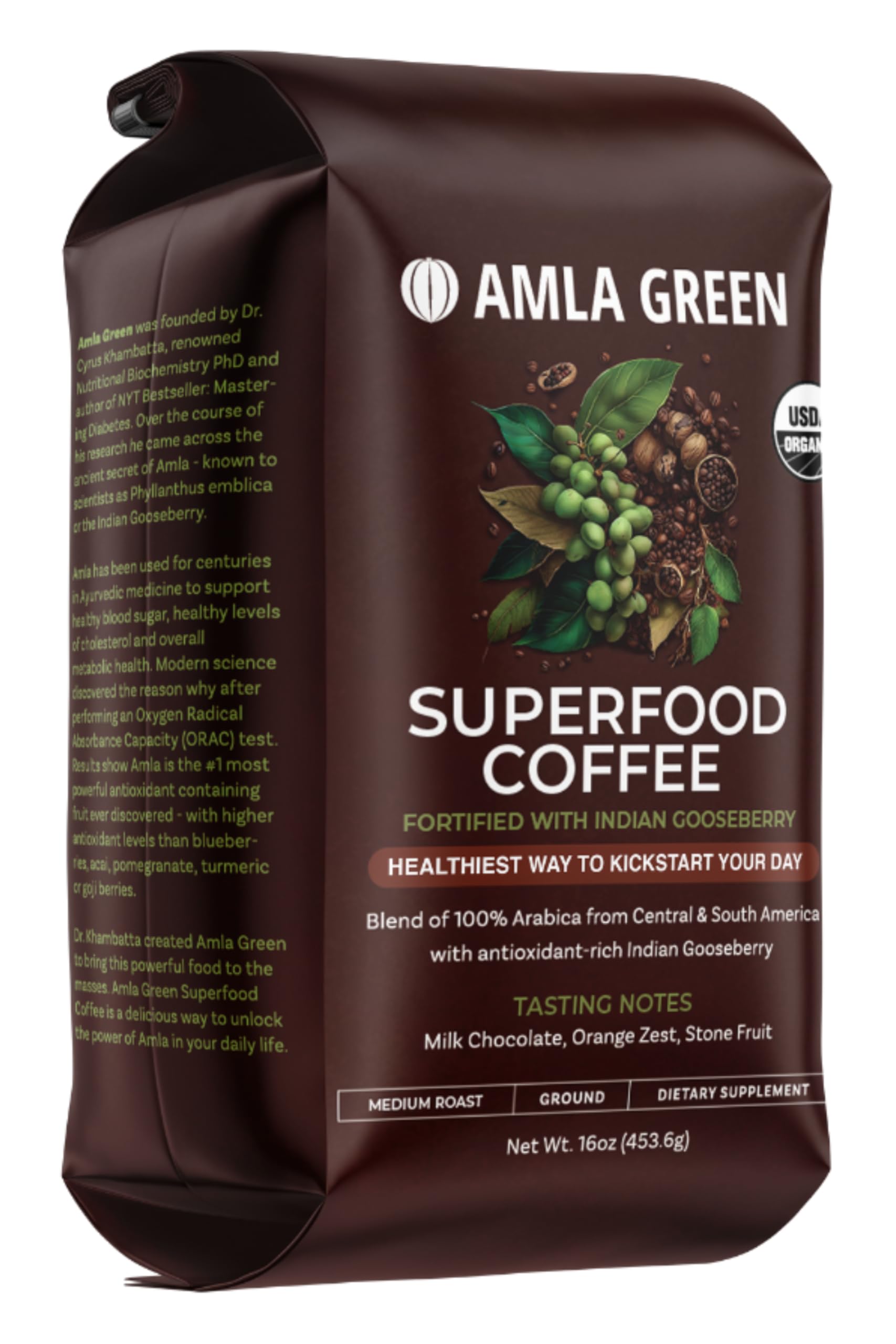 Amla Green coffee texture close-up reveals rich grounds and quality