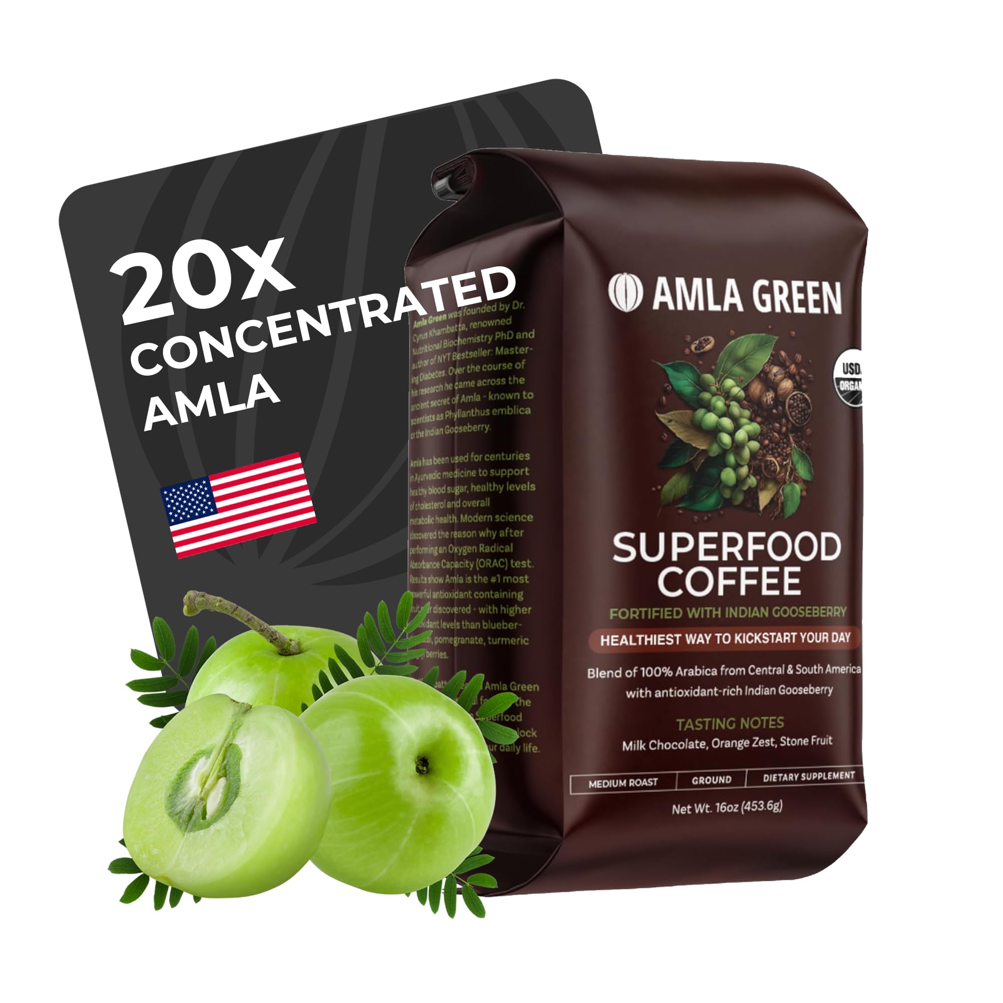 Amla Green organic ground coffee bag emphasizes premium packaging for daily use