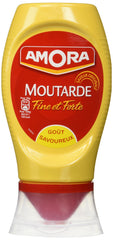 Amora Strong Dijon Mustard bottle close-up, bold flavor for dressings and sandwiches.