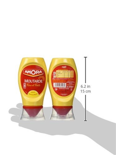 Amora Dijon mustard label close-up, French heritage with a crisp, spicy finish for cooking.