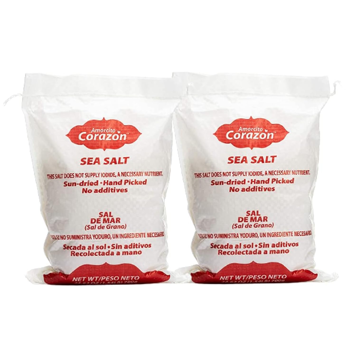 Amorcito Corazón coarse sea salt bottle for seasoning and richer flavor.