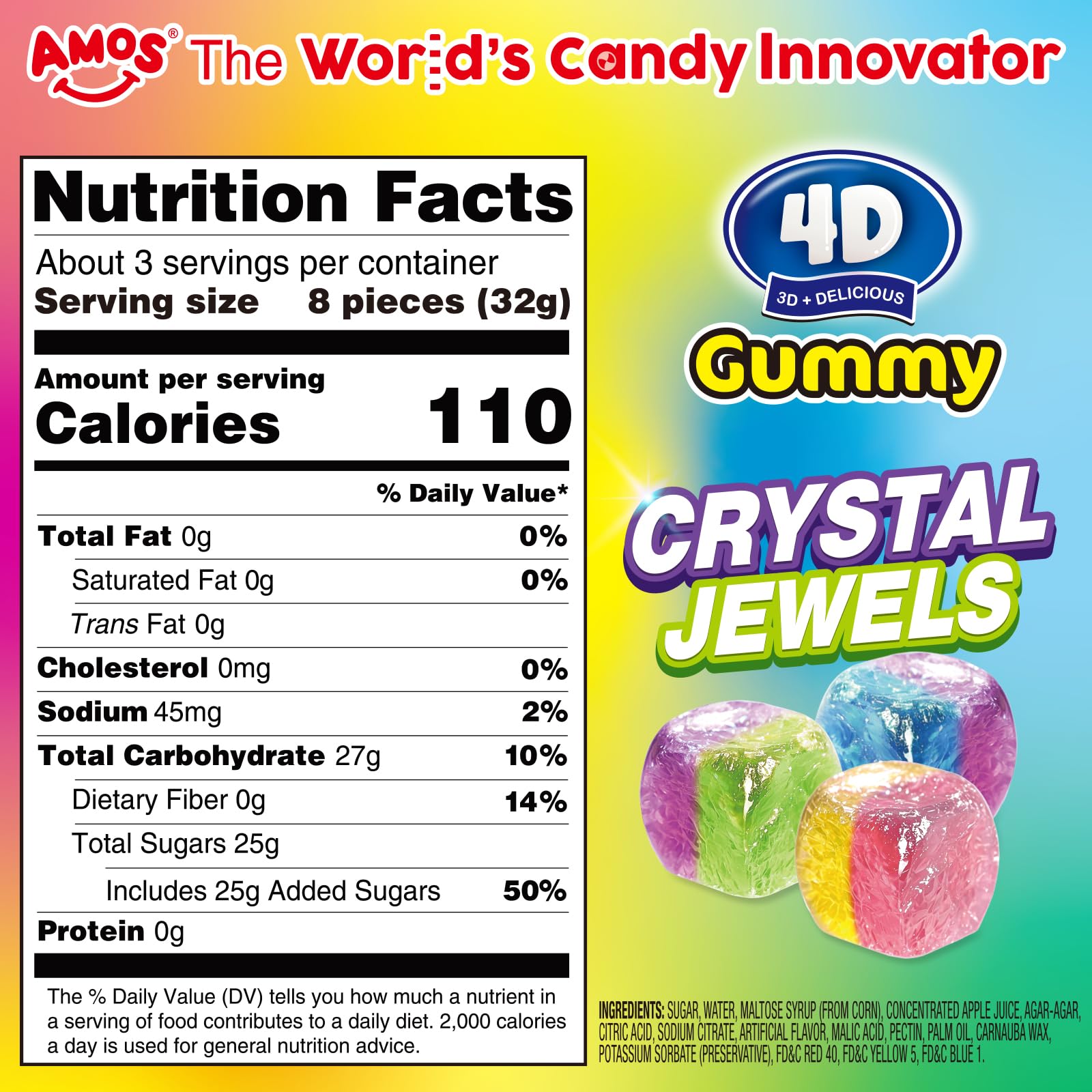 Amos 4D Crystal Jewels gummy showing dual textures: crisp shell and soft center