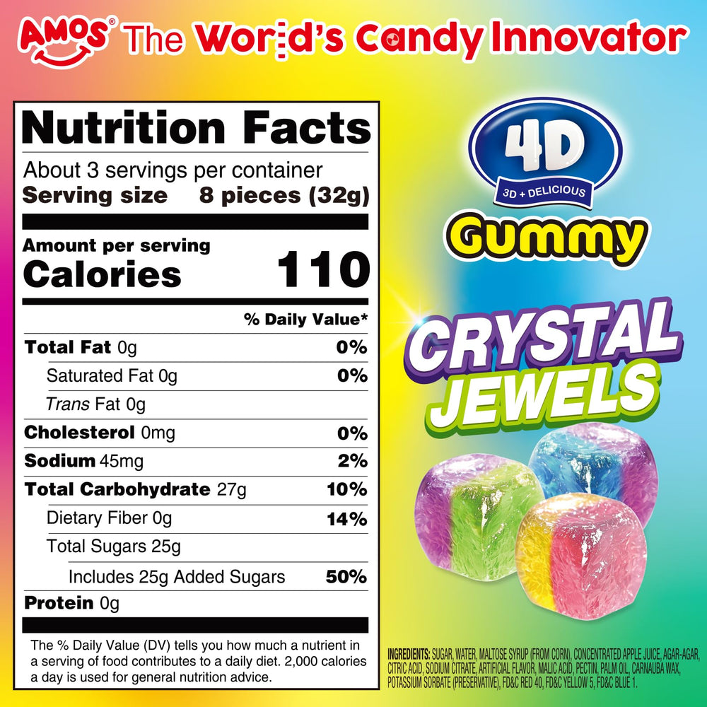 Amos 4D Crystal Jewels gummy showing dual textures: crisp shell and soft center