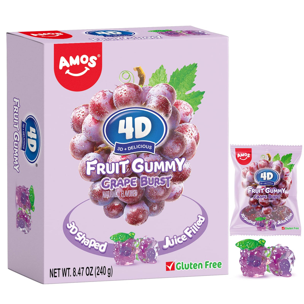 AMOS 4D Grape Burst gummies in 3D grape shapes, ideal for Easter baskets.