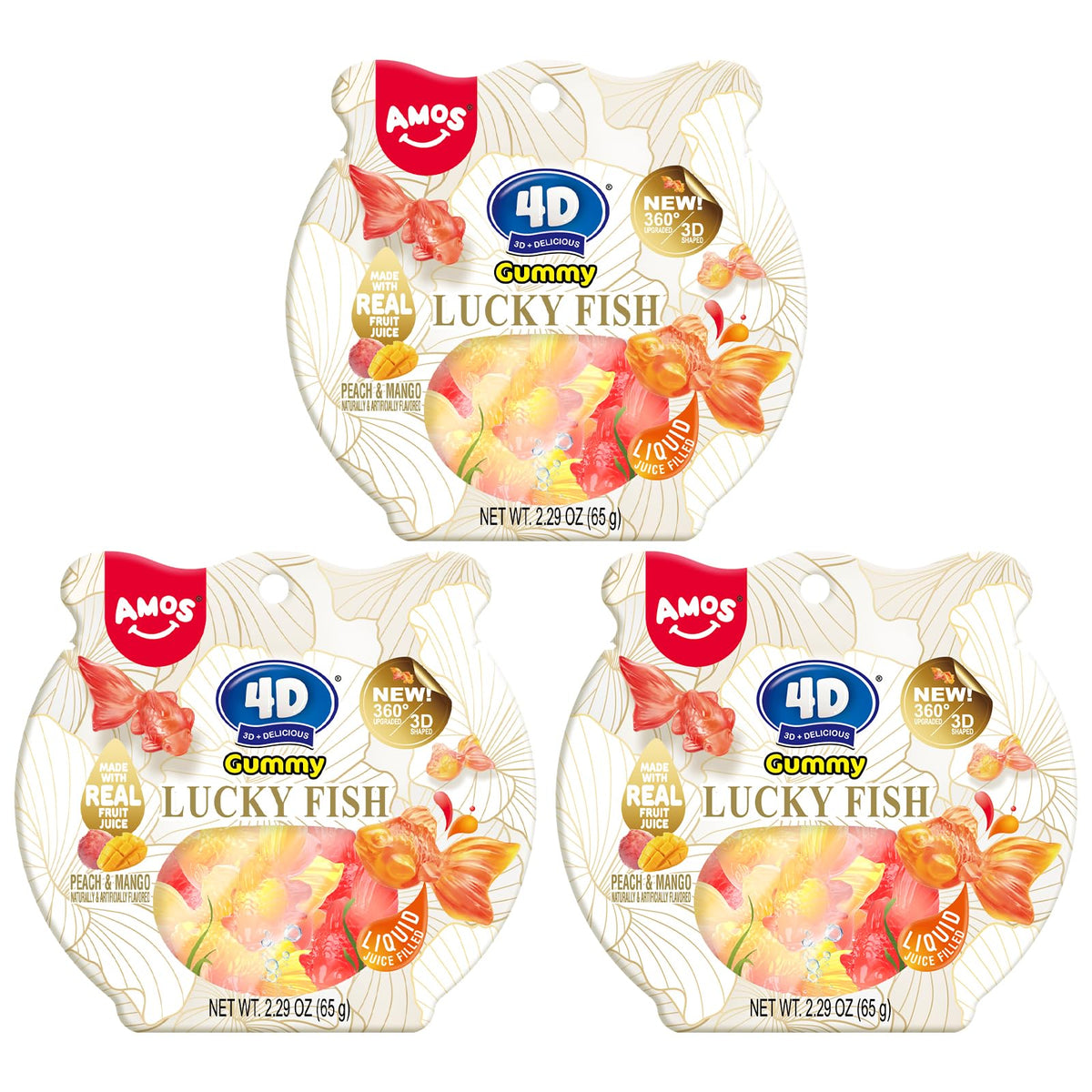 Amos 4D Lucky Fish gummy with a 360° goldfish design for playful snacks.