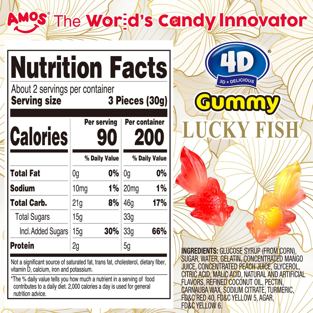 Amos 4D Gummy Mango Peach filling highlights juicy flavor