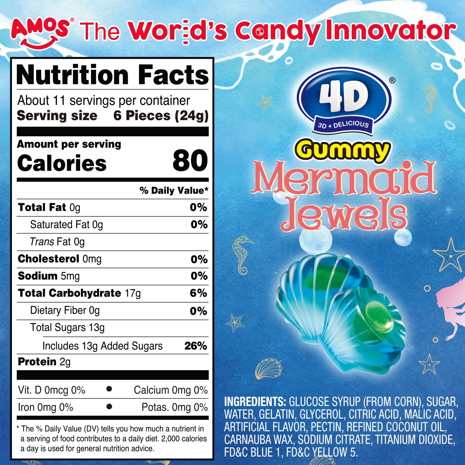 AMOS 4D Mermaid Seashell Gummies close-up shows a chewy outer shell and soft center