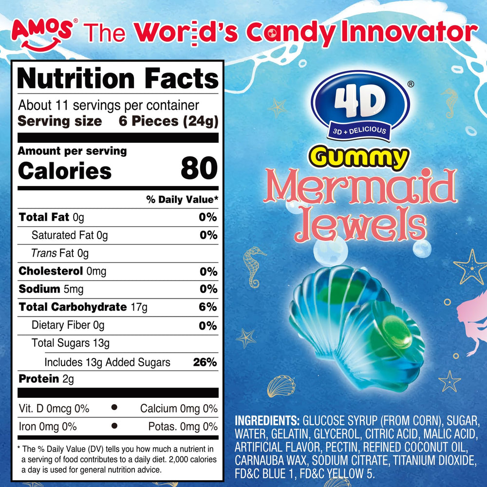 AMOS 4D Mermaid Seashell Gummies close-up shows a chewy outer shell and soft center