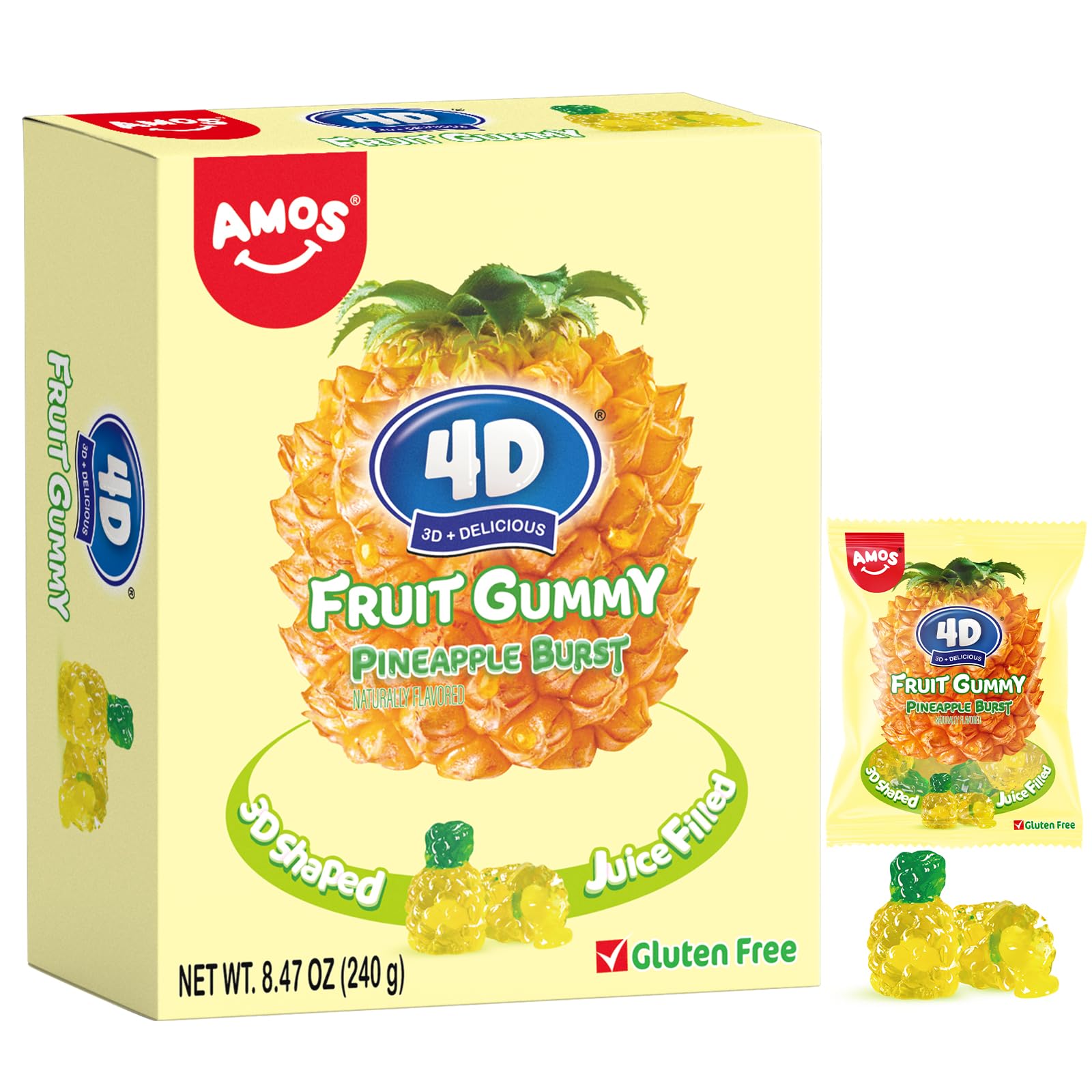 AMOS 4D Pineapple Burst gummies with 3D detail for festive displays.