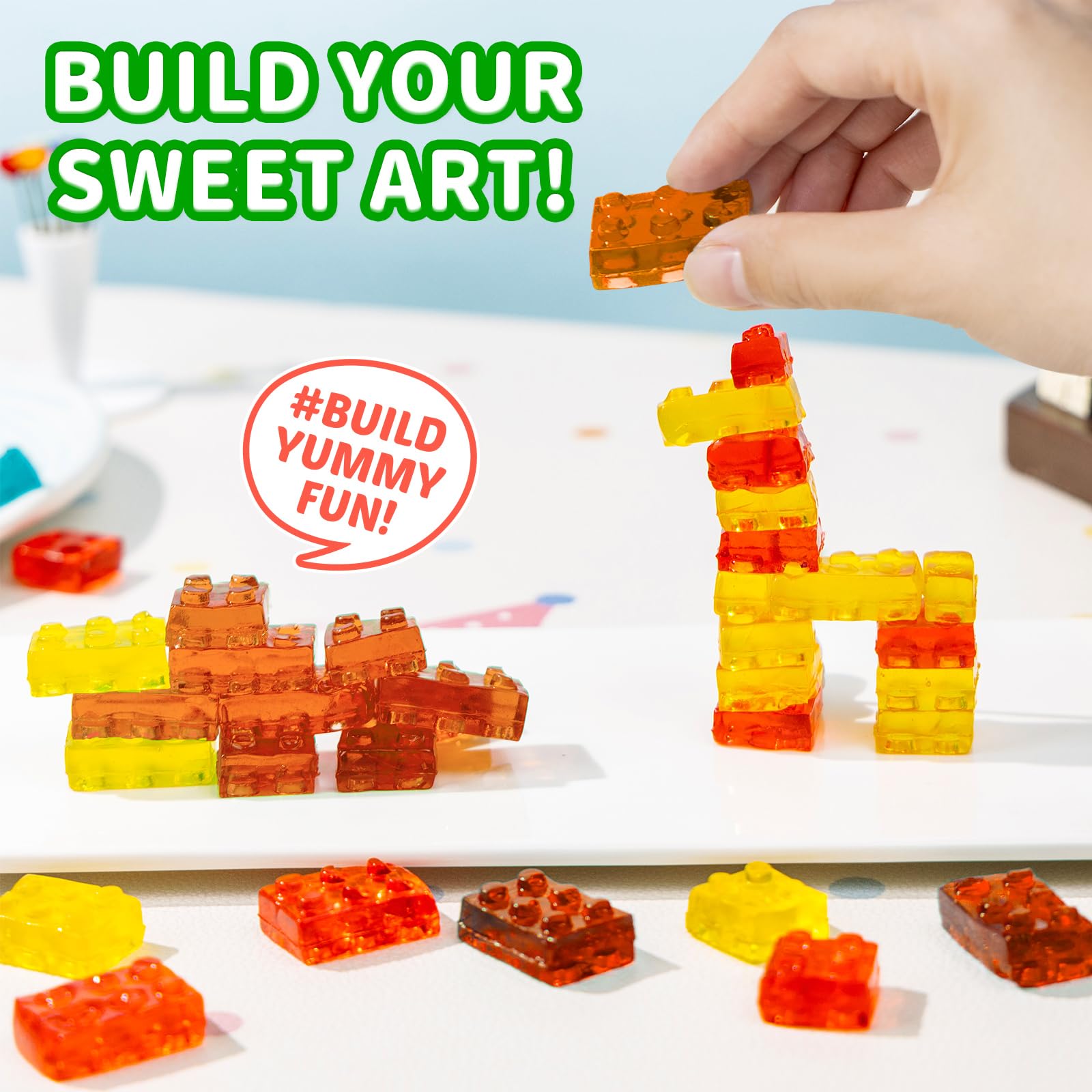 Amos 4D vegan gummy blocks for building games, combining play and flavor.