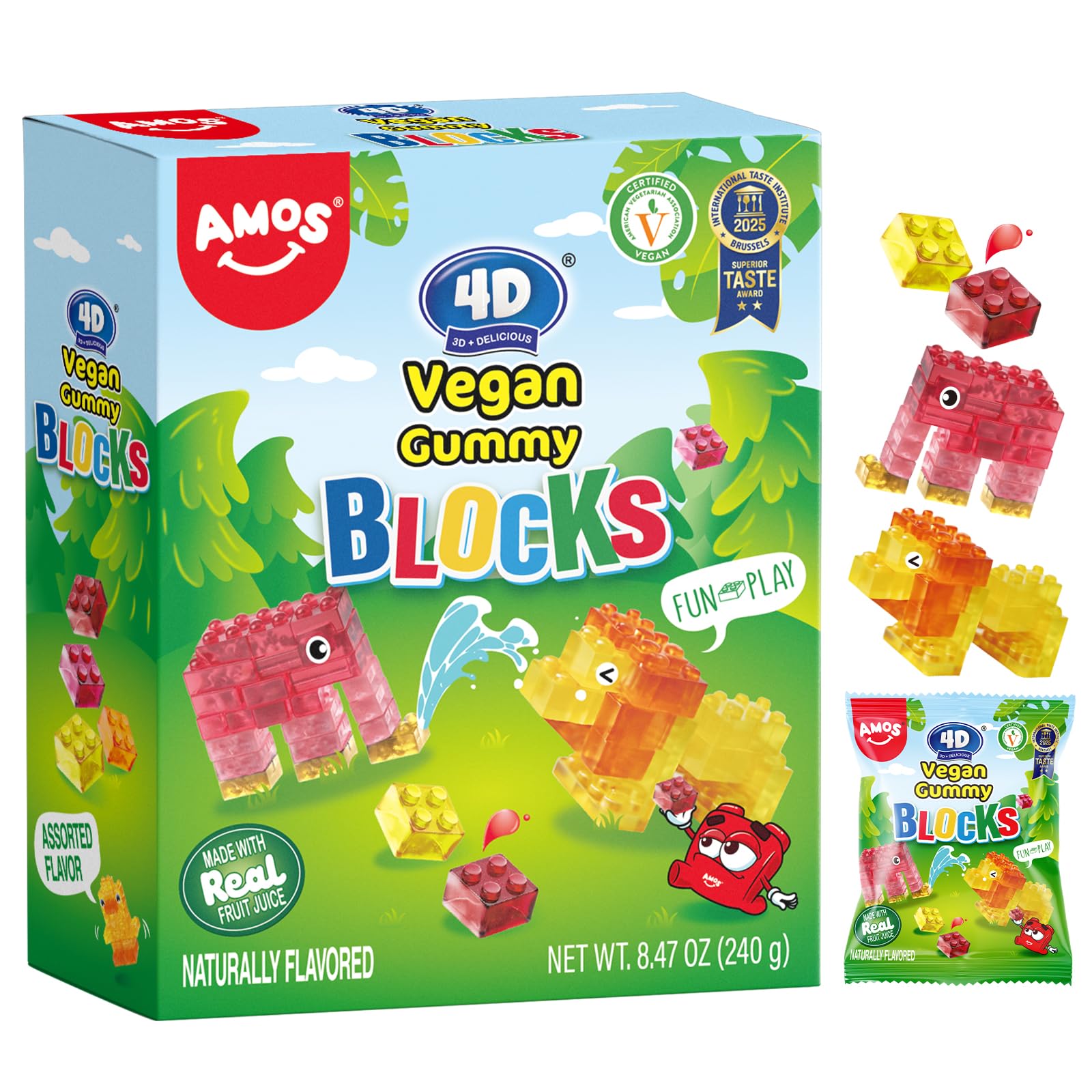 Amos 4D vegan gummy blocks pack, perfect for lunchboxes and playtime treats.