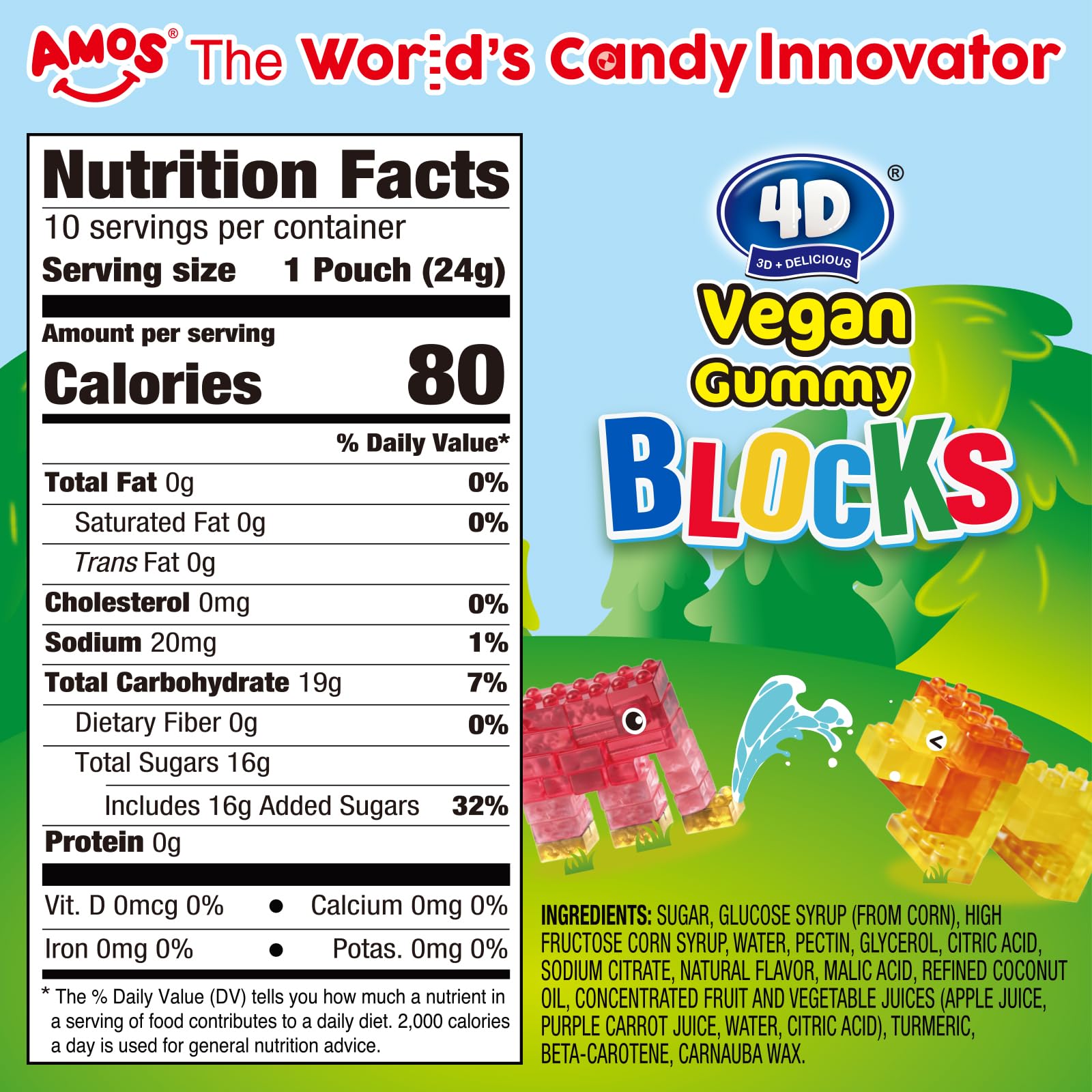 Amos gummy blocks assorted fruit flavors, ideal for a tasty kids' snack variety.