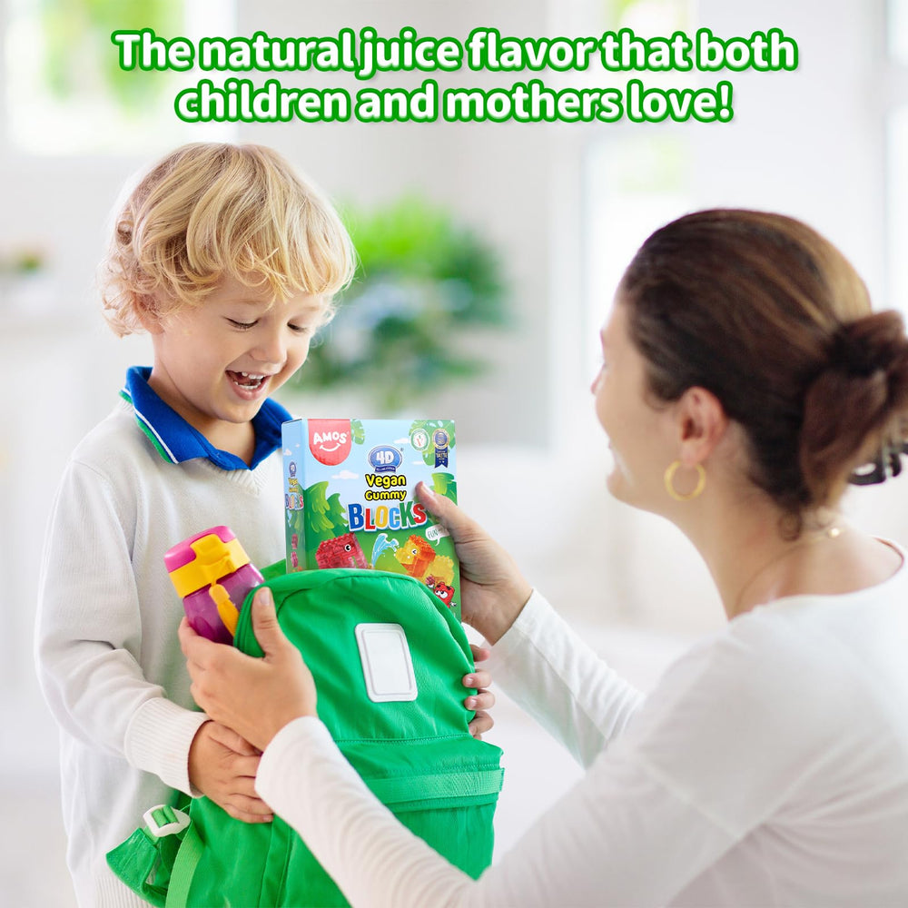 Amos gummy blocks in lunchbox-friendly pack, a colorful snack choice.