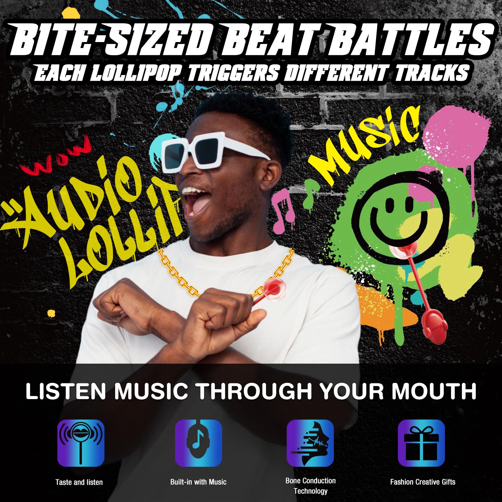 Amos music lollipop closeup with beats