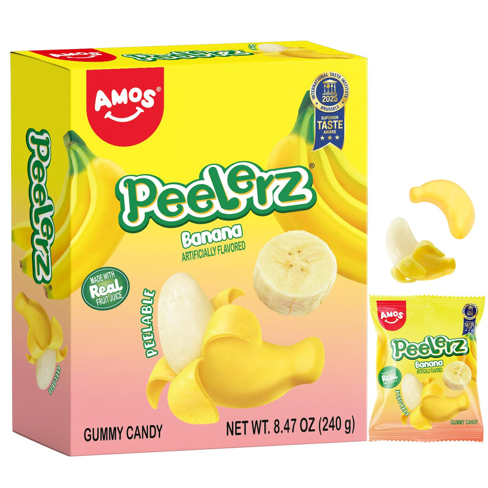 AMOS Peelerz Banana candy box front showing a family-friendly snack moment