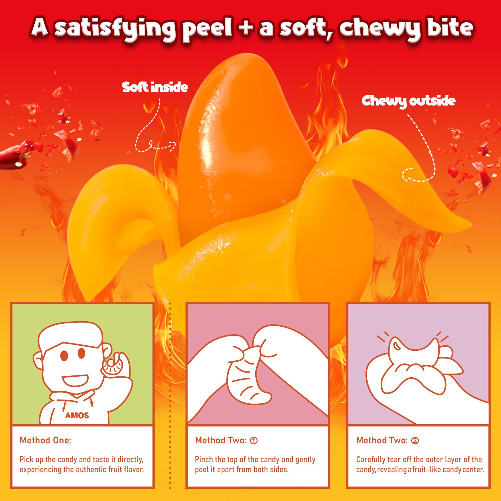Bright mango gummy showing chili coating for bold flavor under AMOS