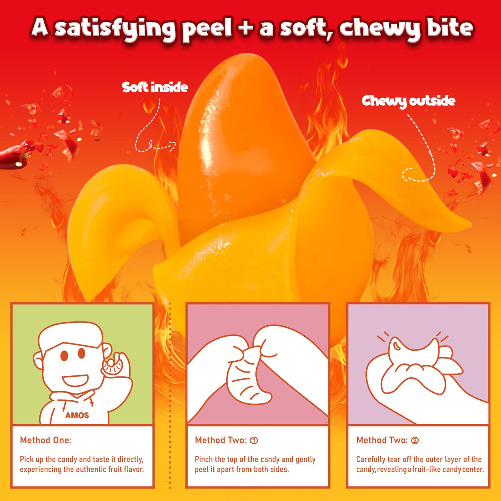 Bright mango gummy showing chili coating for bold flavor under AMOS