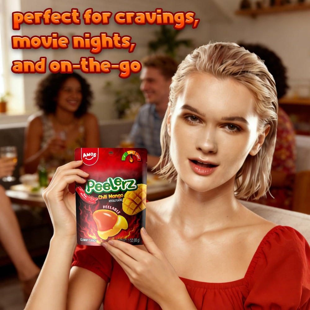 Gift-ready AMOS Peelerz box with chili mango gummies
