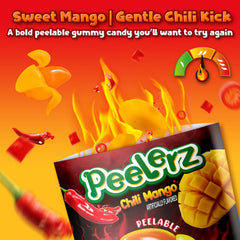 Close-up of a soft chewy chili mango gummy from AMOS