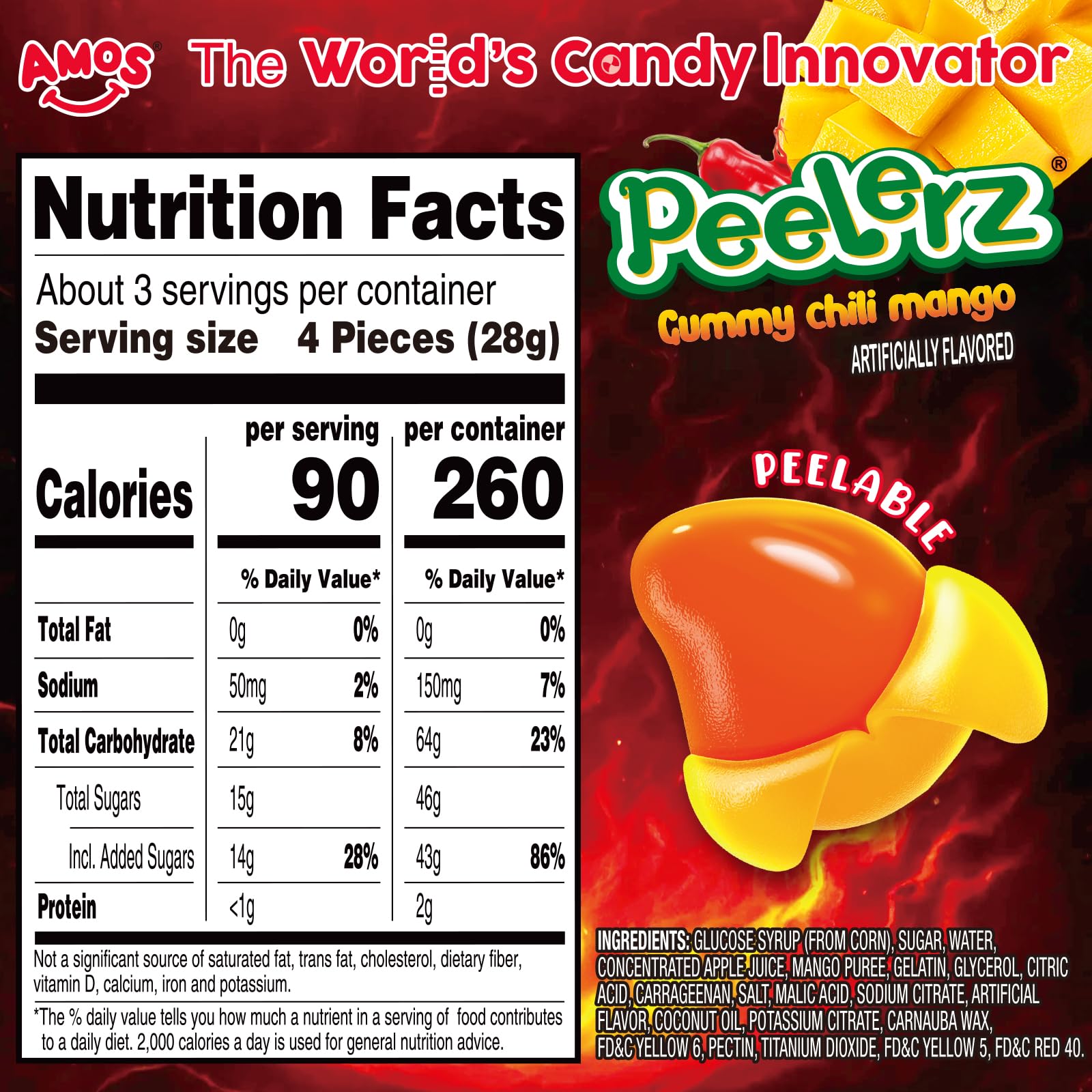 AMOS Peelerz gummy being peeled to reveal mango center