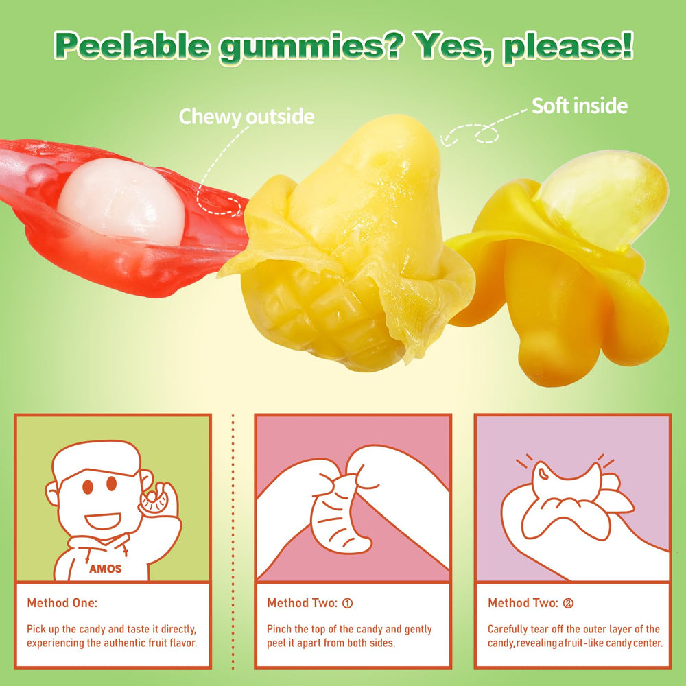 AMOS Peelerz lychee gummy with peelable skin for exotic treat