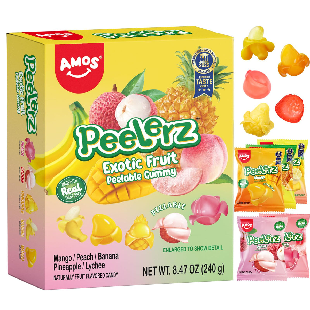 AMOS Peelerz mango gummy with peelable layer for playful snacking