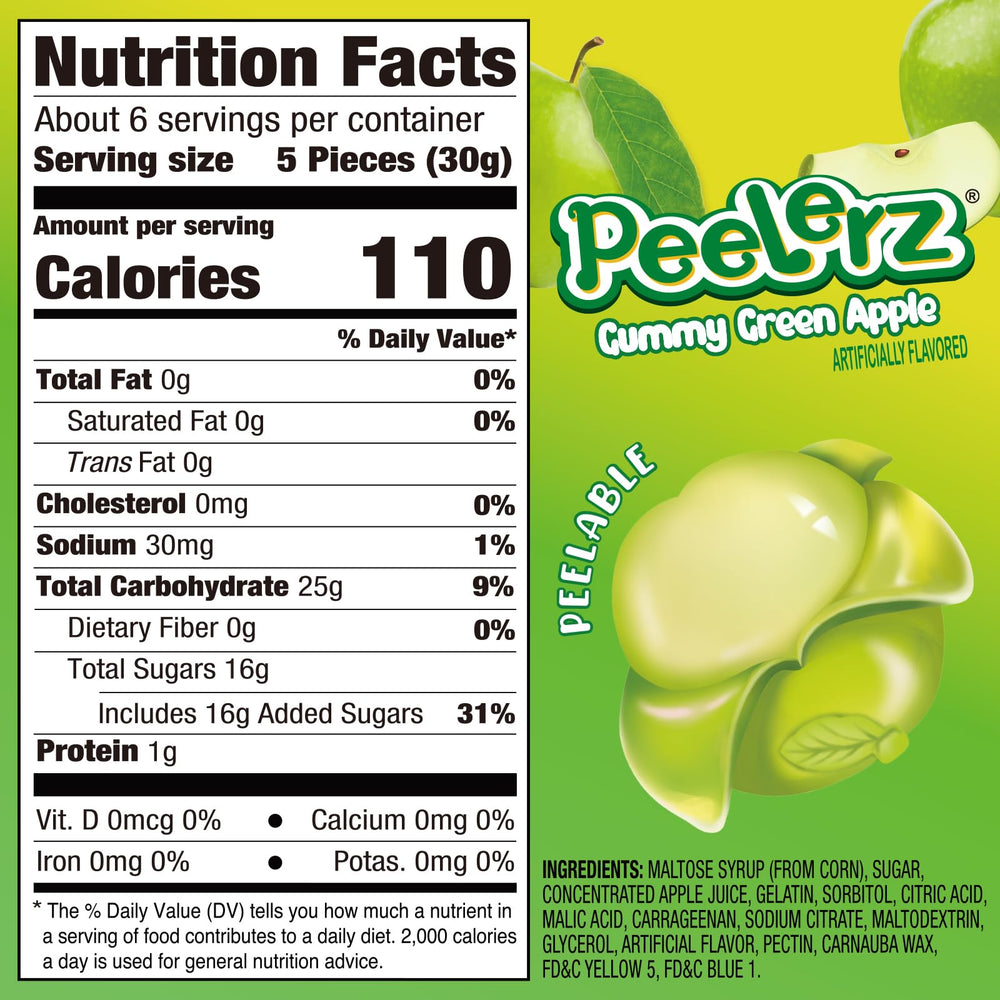 Close-up of vibrant green apple gummies with real juice flavor.