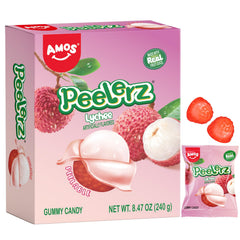 AMOS Peelerz Lychee Gummy Candy box shown for on-the-go snacking