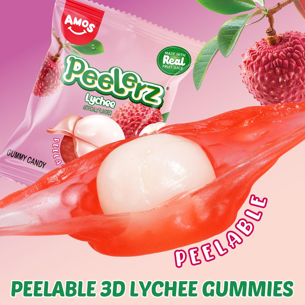 Peel-back design of AMOS Lychee gummies in action