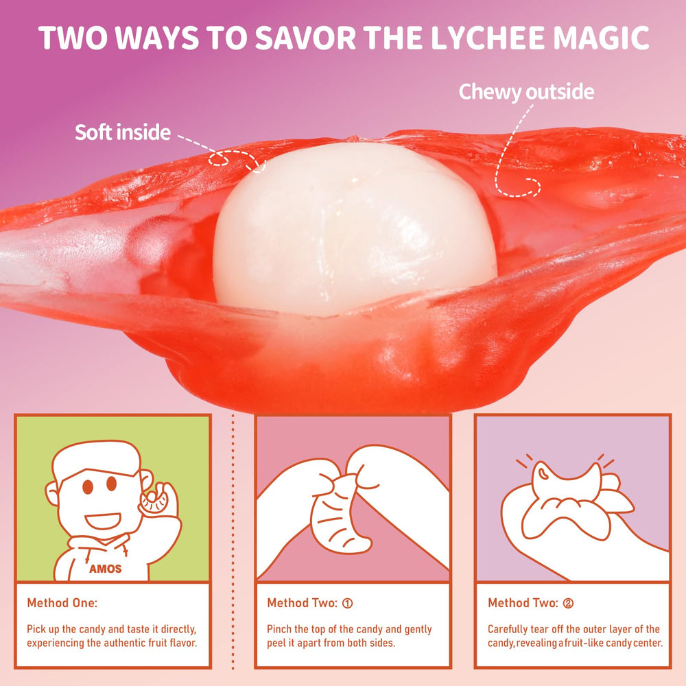 Box art emphasizes real fruit juice in AMOS Peelerz Lychee gummies