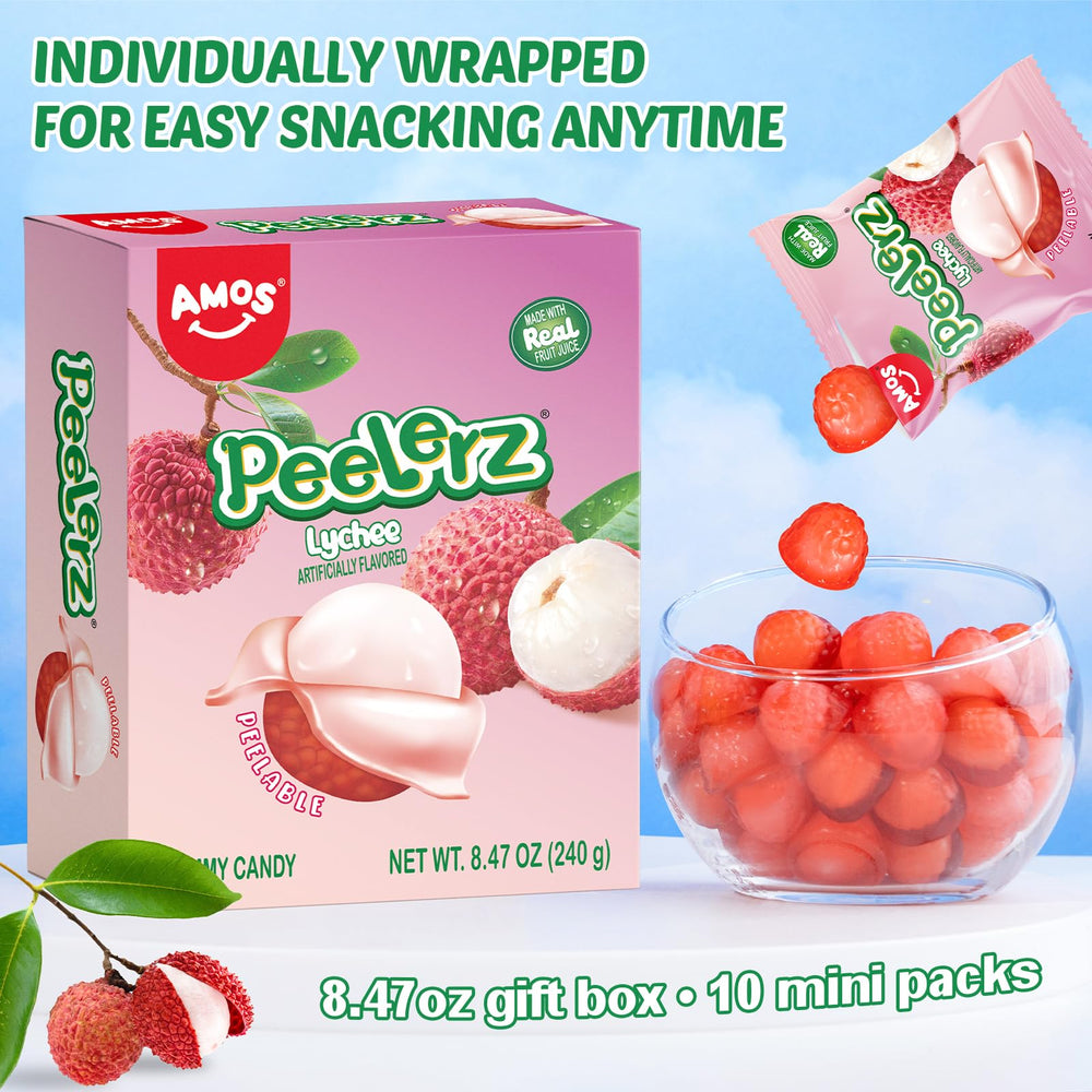 Fall/winter mood shot of AMOS Lychee gummies as a cozy snack