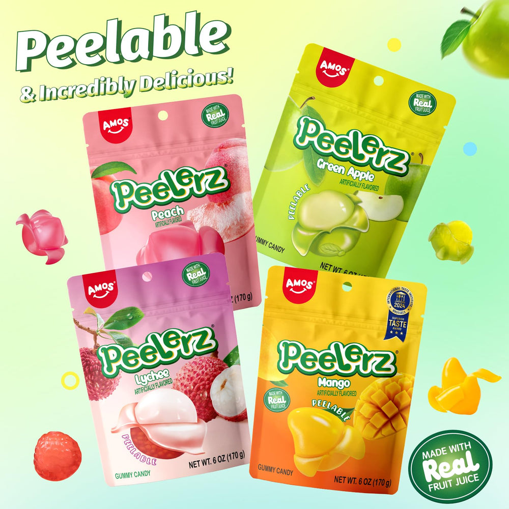 Amos Peelerz Mango Peelable Gummy revealing a chewy center.