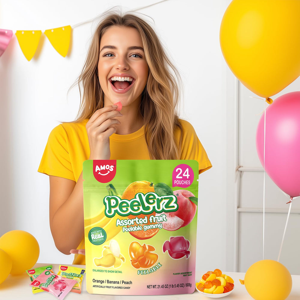 Amos Peelerz on-the-go gummy snack for busy days.