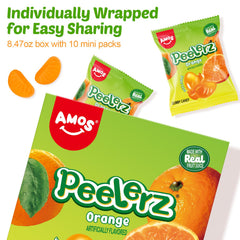 AMOS Peelerz orange flavor and juice highlight in a gummy