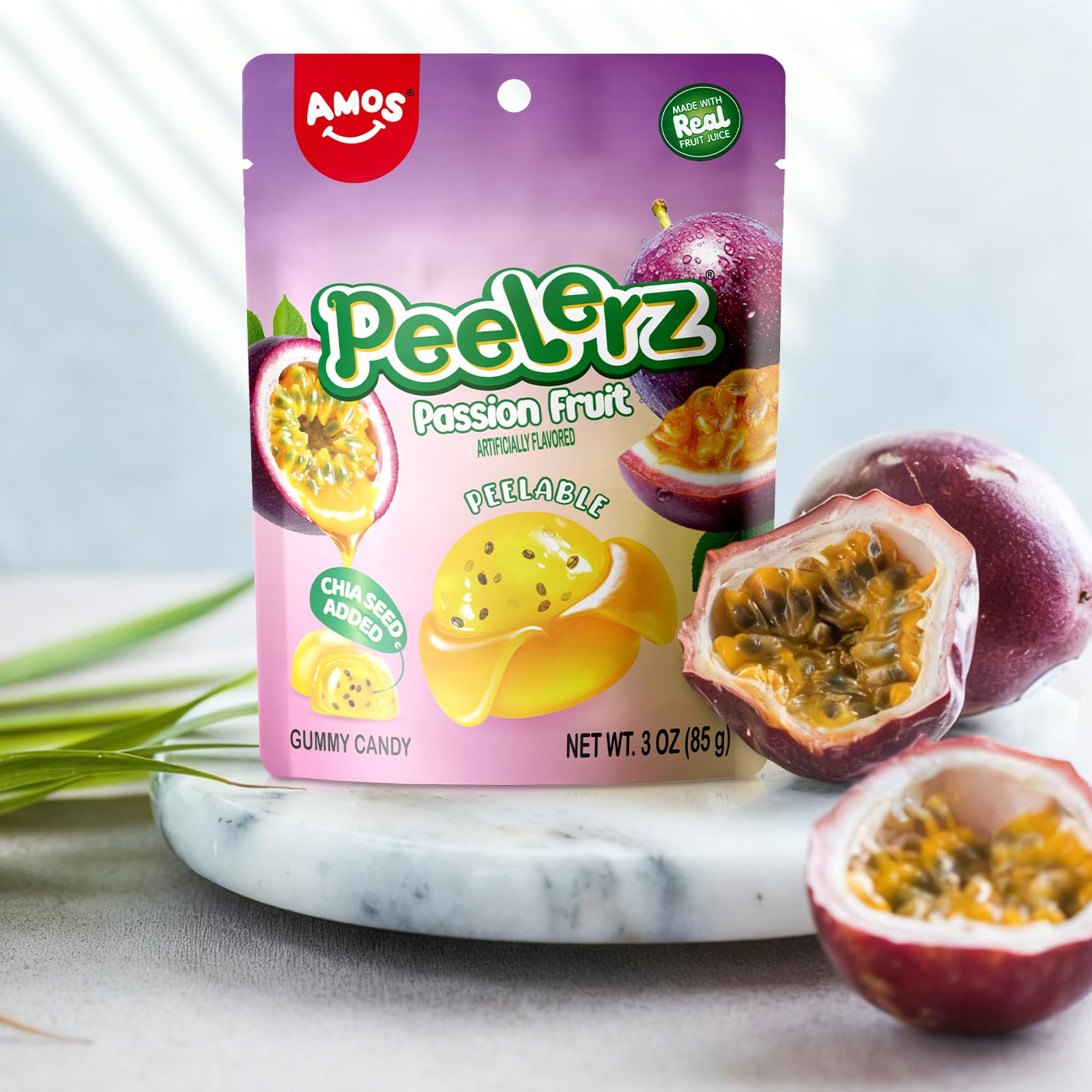 AMOS Peelerz passion fruit pulp close-up, natural-looking texture.