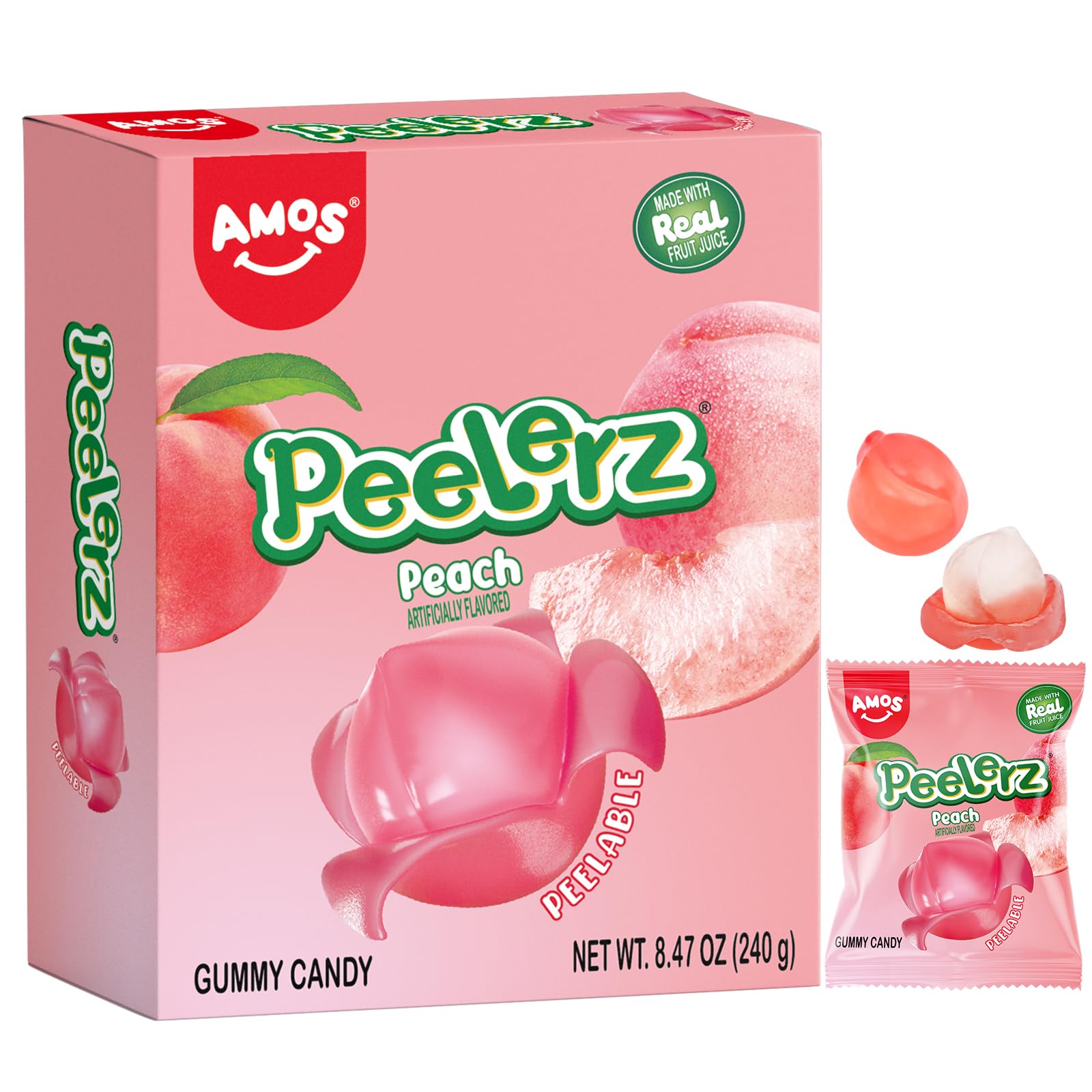 AMOS Peelerz Peach Candy in a 3D peach shape delivers a juicy, playful bite