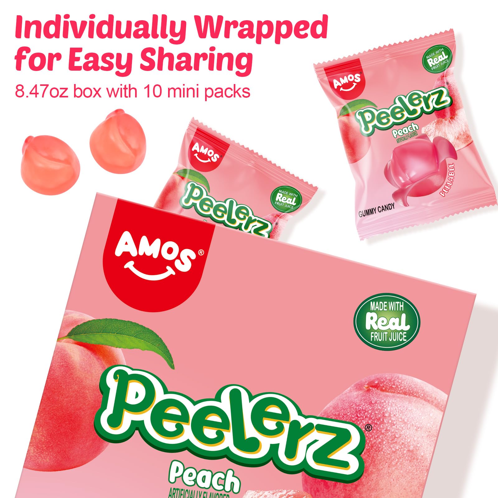 AMOS Peelerz Peach Candy is gluten-free and fat-free for lighter snacking