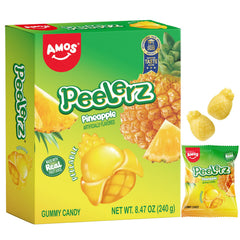 AMOS Peelerz pineapple gummy box showing 10 snack packs for sharing