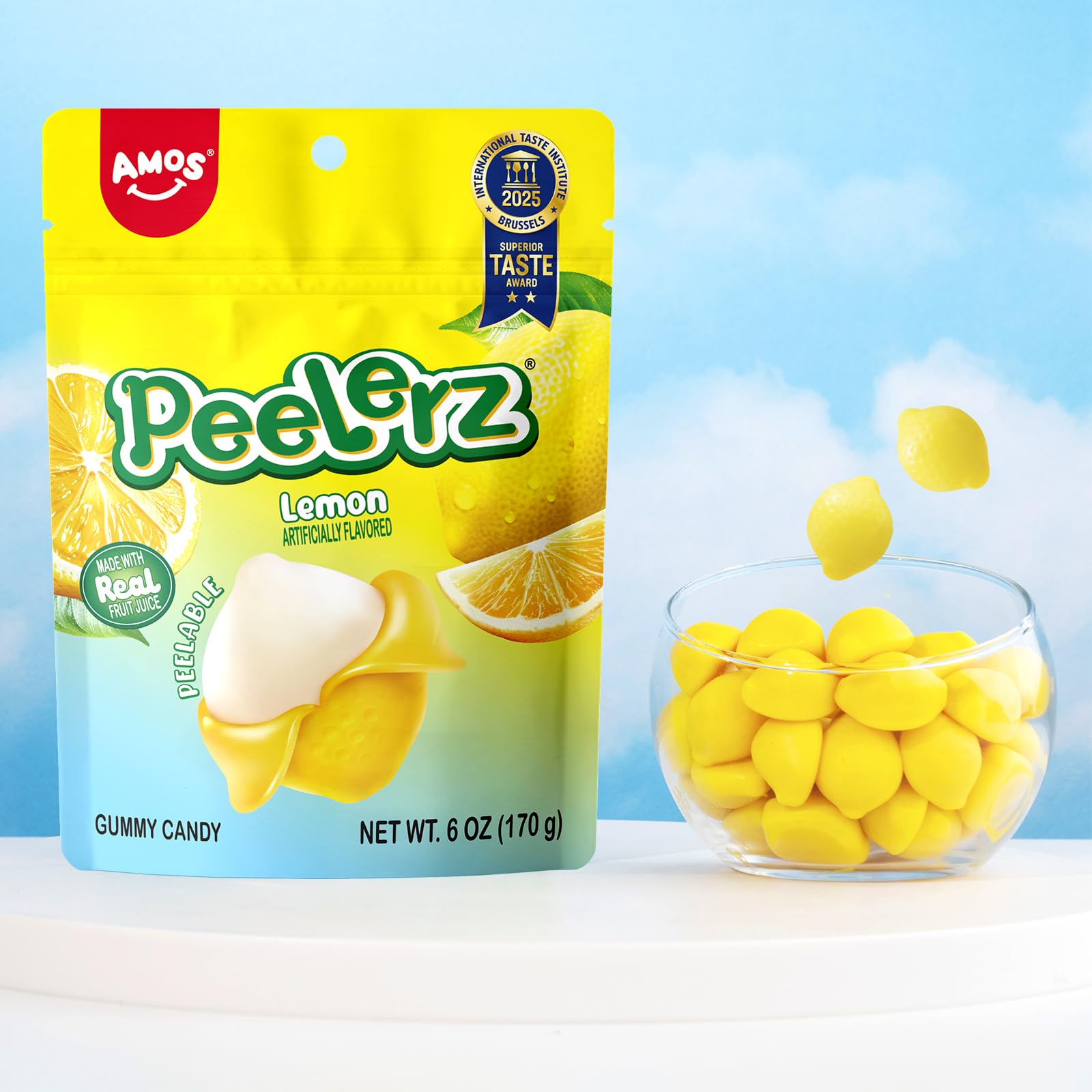 Amos Peelerz snack-pack box emphasizing six easy-to-share pouches.