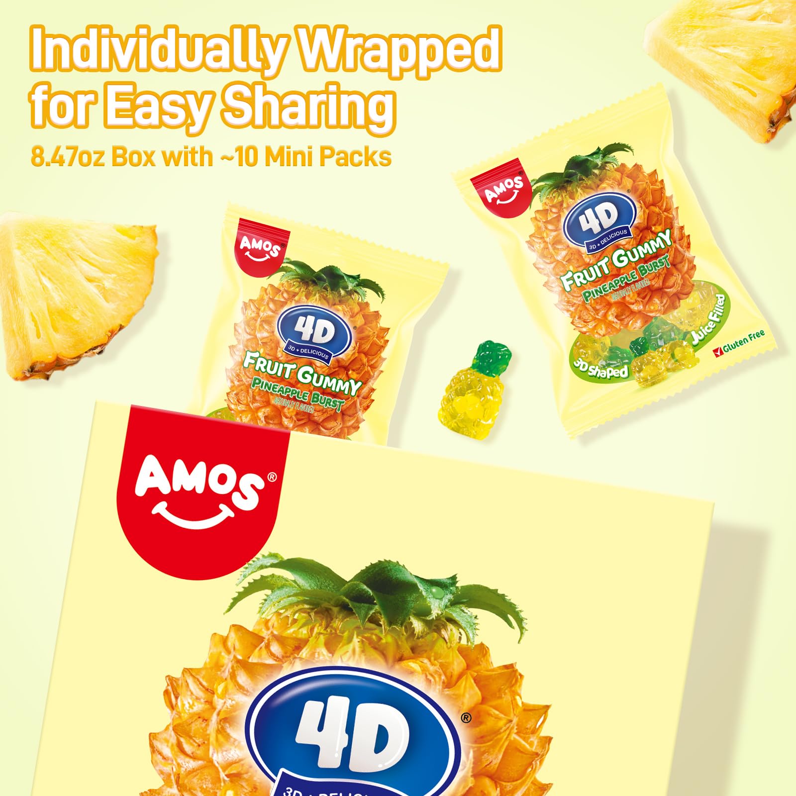 Dual-texture AMOS pineapple bursts with chewy outer layer and fruity center.