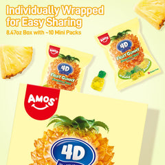 Dual-texture AMOS pineapple bursts with chewy outer layer and fruity center.