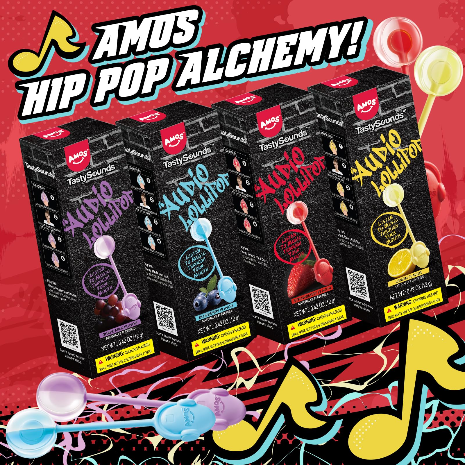 Amos sugar-free low-calorie snack lollipop, lighter indulgence with sound