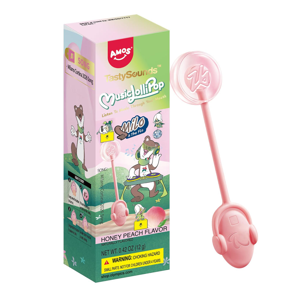 AMOS Winter Olympics lollipop design with licensed imagery for festive celebrations.