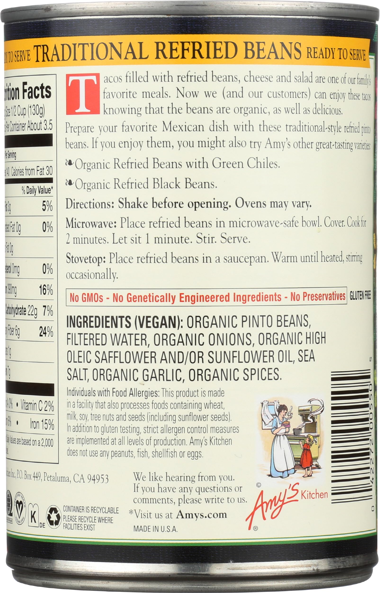 Amy's Bean Refried Tradtnl GF ingredients label highlights gluten-free components