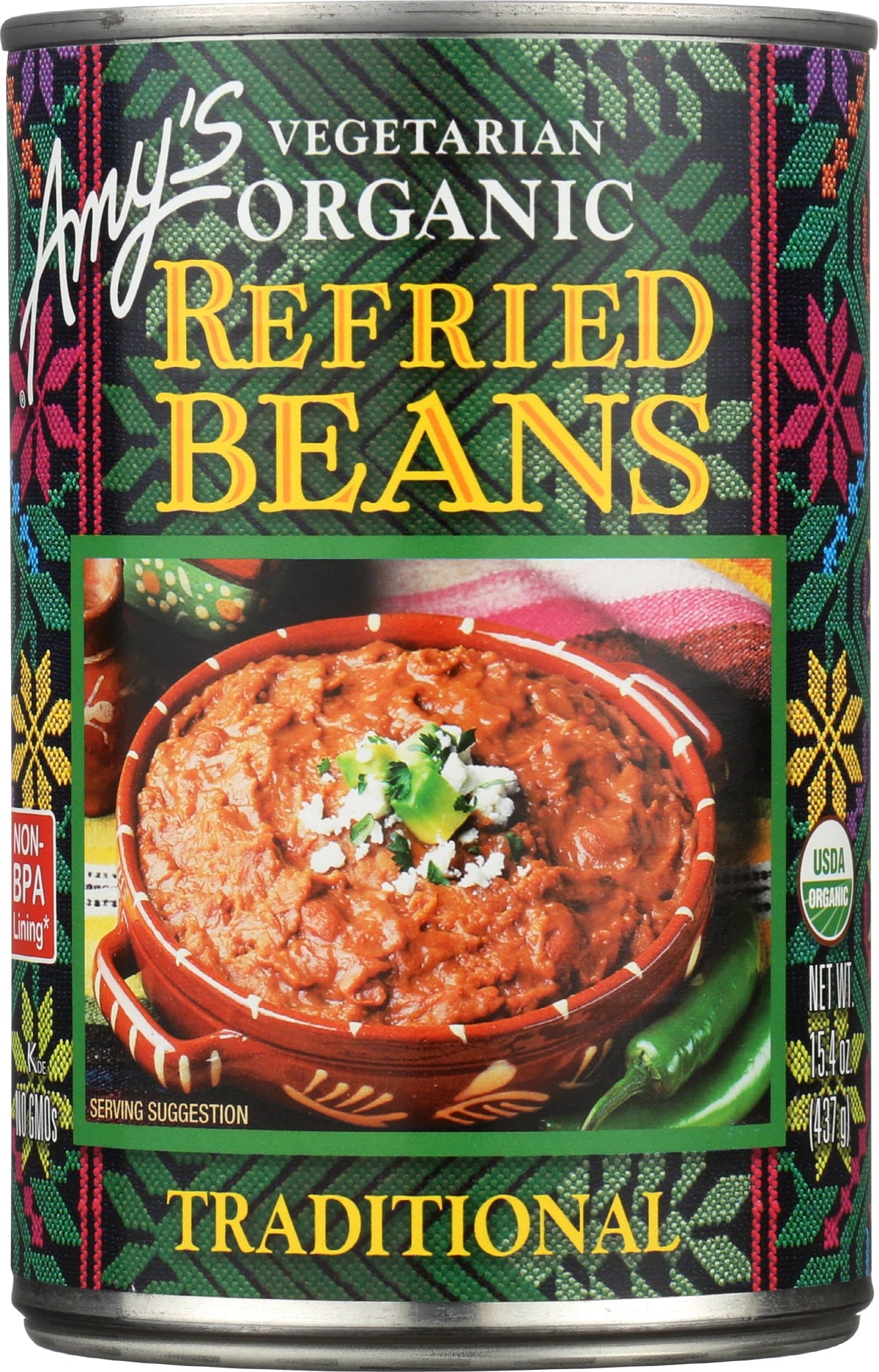 Amy's Bean Refried Tradtnl GF jar shows creamy texture for quick, comforting toppings