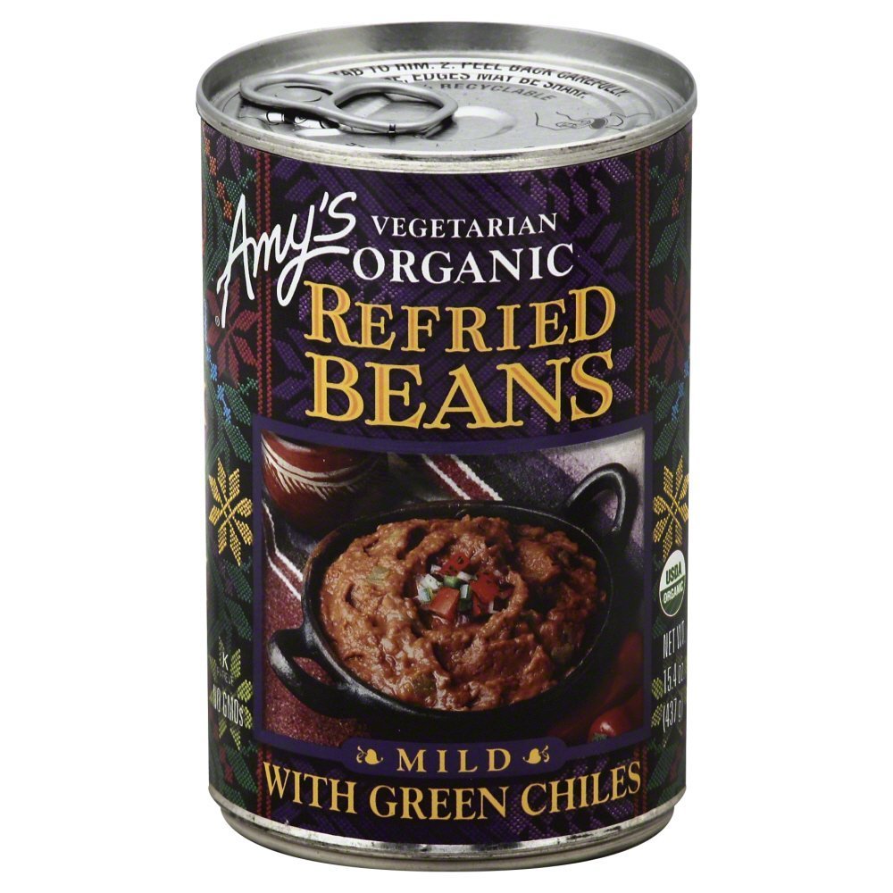 Amys organic refried beans with green chiles, perfect for quick tacos and wholesome weeknight dinners.