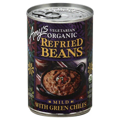 Amys organic refried beans with green chiles, perfect for quick tacos and wholesome weeknight dinners.